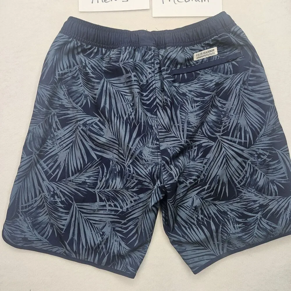 Fair Harbor Men's Activewear Swim Trunks Shorts Navy Blue Palm Leaf Medium